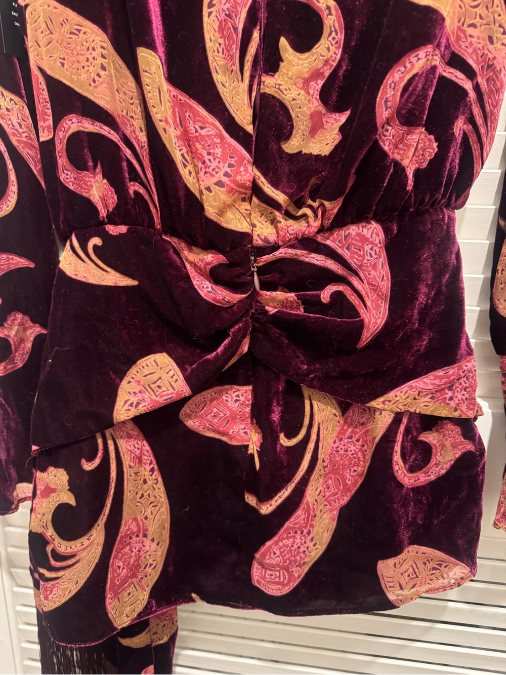 Retrofete Burgundy Velvet Paisley Tie-Waist Long Sleeve Dress - Picture 5 of 12